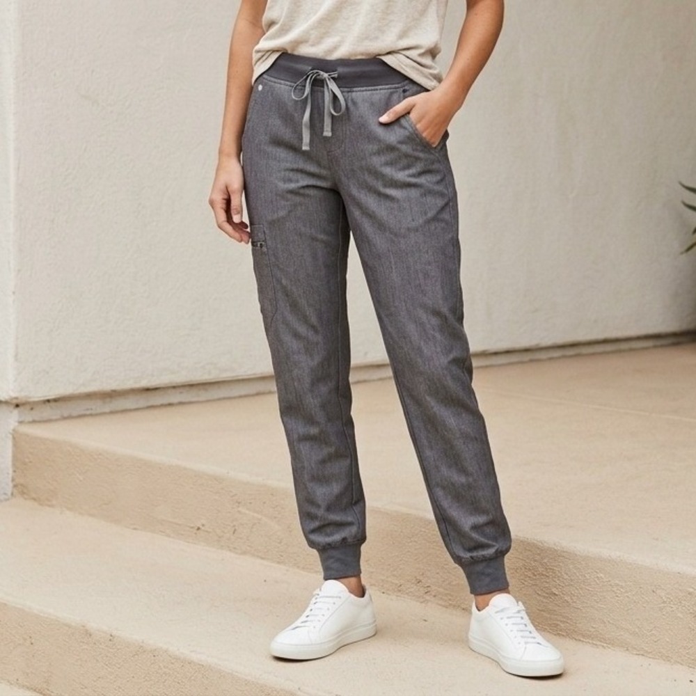 FIGS Women Zamora Jogger Pants Small Gray Heather Drawstring Cargo Pockets Work